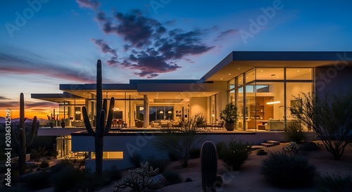 Modern luxury residential architecture at dusk with warm lighting and desert landscape. arizona modern homes