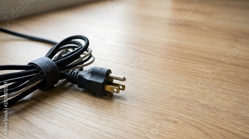 organized extension cord with power plug on wooden floor symbolizing electrical safety and household cable management