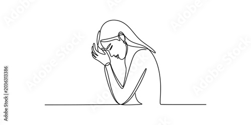 Tableau sur toile Woman holding head in hands, stressed and sad, one line drawing art Vector, illu