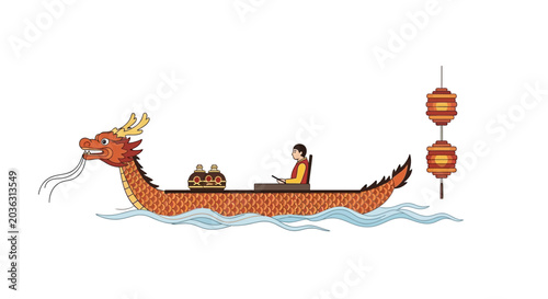 Cuadro en lienzo Dragon Boat With Rider Gliding Across Water.
