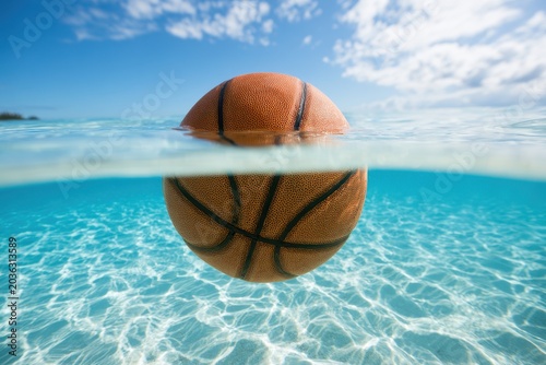 Basketball ball floating half submerged in clear tropical ocean water under blue sky