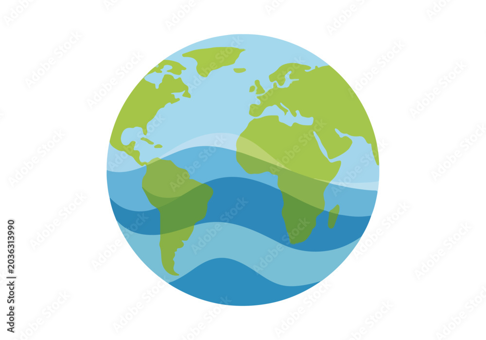 Fototapeta premium Illustration of Earth with wavy ocean and continents on a white background