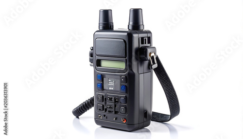 Isolated black two way radio walkie talkie with strap, communication device on white background