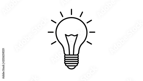 Isolated simple line drawing of a light bulb with radiating lines, symbolizing ideas and innovation