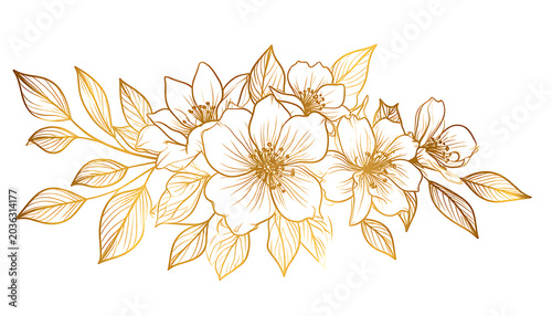 Isolated golden line art floral arrangement with delicate flowers and leaves, elegant decorative element for invitations or borders