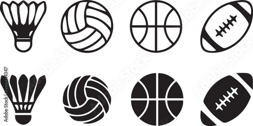 sports balls icon set – badminton shuttlecock, volleyball, basketball and football vector collection in outline and silhouette style .