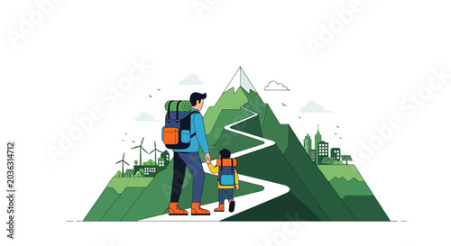 Foto Father and son hike towards a sustainable future city