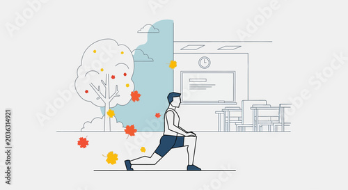 Quadro em tela Man doing lunge illustrating fitness and work-life balance between classroom and nature