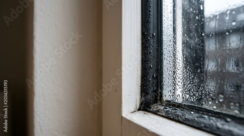 black mold growth around wet residential window frame caused by condensation and poor ventilation indoors