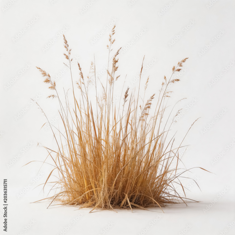 Fototapeta premium A studio-isolated clump of dried ornamental grass with slender brown stems and seed heads, set against a plain white background.