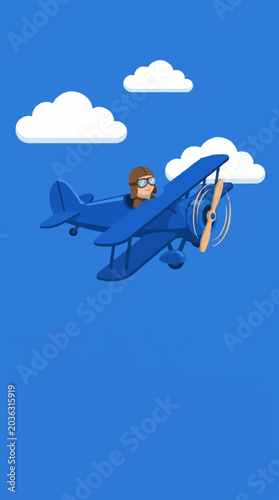 Blue Vintage Airplane Flying with Pilot Under White Clouds