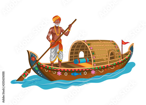 Photos Indian boatman rowing boat in river vector illustration
