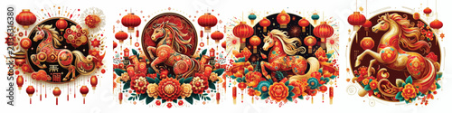 Bild auf Leinwand Set of Chinese New Year themed vector illustrations of the horse zodiac on a sim