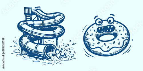 Hand-Drawn Water Slide & Monster Donut Character Logo Icon Set in Blue Ink Style