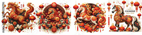 Tableau sur toile Set of Chinese New Year themed vector illustrations of the horse zodiac on a sim