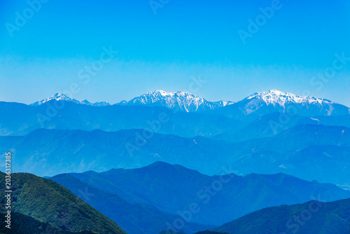 残雪の美しい南アルプス連峰と青空