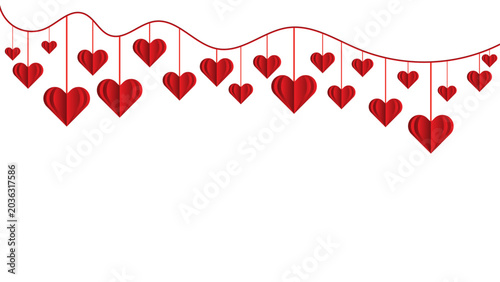 Tableau sur toile Red Paper Cut Hanging Hearts Garlands Romantic Valentine's Day Border Background