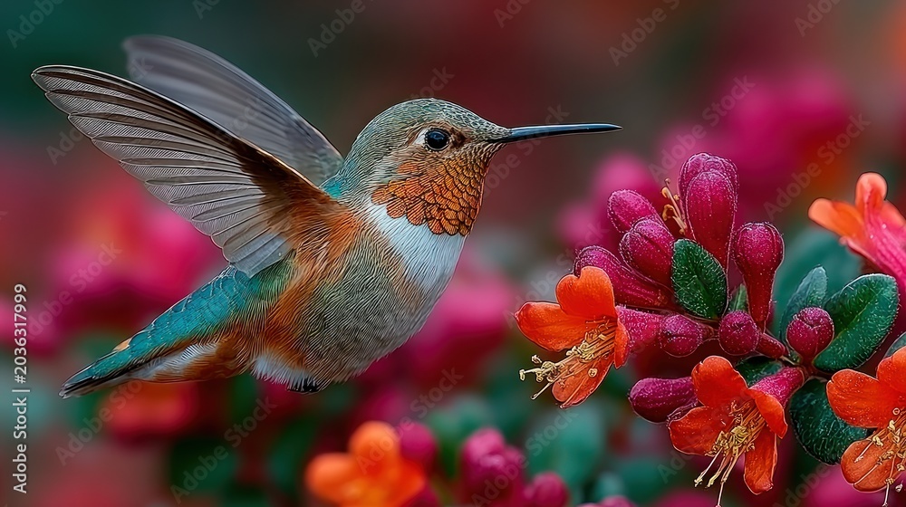 Fototapeta premium A vibrant hummingbird hovering near bright orange and pink flower clusters.
