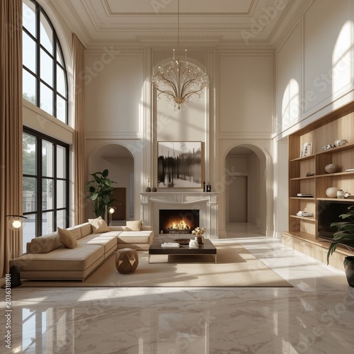 Elegant modern European living room interior, large empty white photo frame hanging on the wall above a wooden table, stacks of books neatly arranged on the table, modern flat-screen TV beside a giant