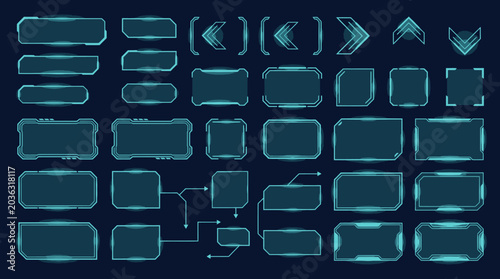 A futuristic interface displays glowing blue rectangles and arrows on a dark screen.