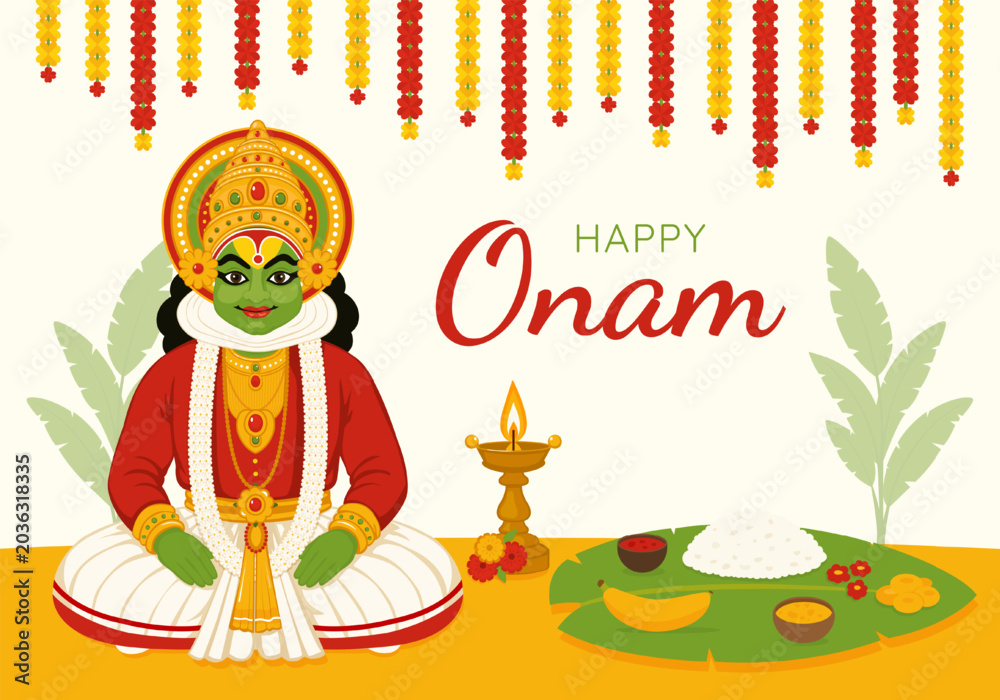 Naklejka premium Festive banner for the traditional Indian festival of Onam with King Mahabali, food on banana leaves and a flower garland