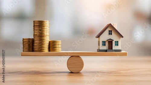 Wooden Balance Scale Showing Equilibrium Between Stacks of Gold Coins and Miniature House Representing Real Estate Market Value and Mortgage Equivalency