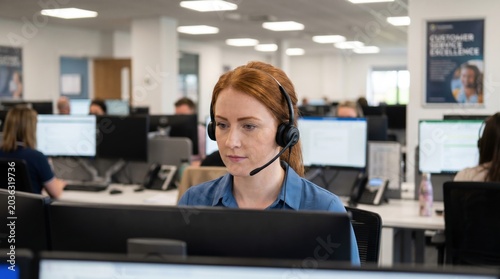 A professional woman with red hair wearing a headset looks at a computer screen in a busy call center. The atmosphere is focused and professional. Ideal for customer service or business themes.