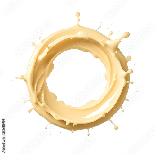 Creamy banana milk splash forming a circular crown. Ideal for yogurt product packaging and clean graphic design copy space.
