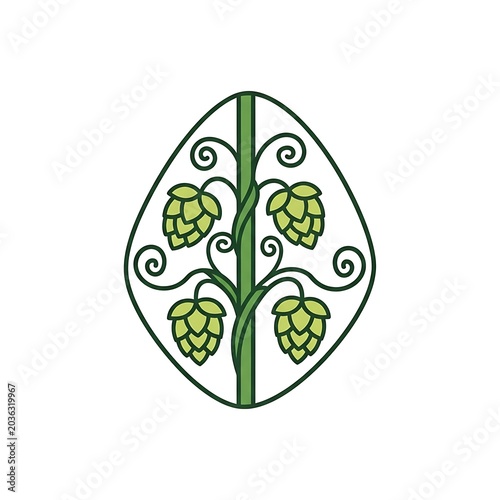 Stylized Green Hop Vine Arranged in Oval Botanical Emblem on White Background