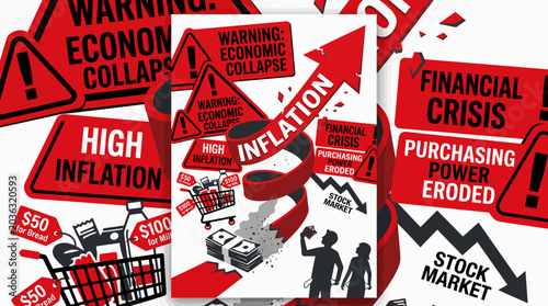 Foto Close-up of a financial infographic with warning signs and graphs on a white background with a concerned mood