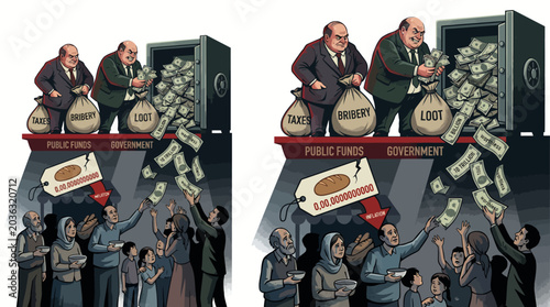 Konstfotografi Illustration of wealthy businessmen sitting on bags of money above a crowd of people reaching up for public funds in a conceptual artwork with a stark contrast between wealth and poverty