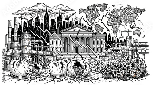 Fotografie Black and white illustration of pigs near industrial buildings and a bank with a cityscape, world map, and machinery in the background