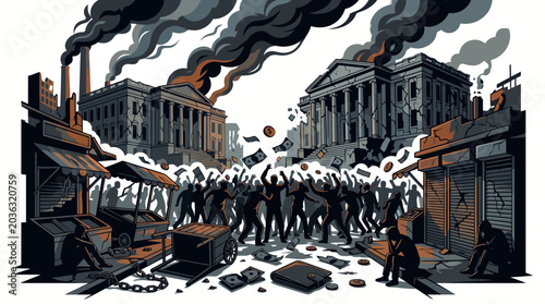 Photos Illustration of a chaotic city street with people running amidst smoke and debris, with a grayscale color palette and cinematic feel