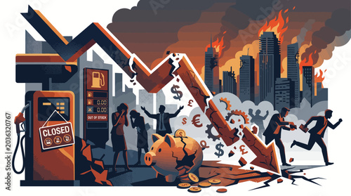 Bild auf Leinwand Illustration of a chaotic city scene with a gas pump, piggy bank, and people running from a burning cityscape with a declining graph