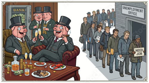 Cuadro en lienzo Cartoon illustration of wealthy men in top hats enjoying food and drink while unemployed people line up outside an unemployment office