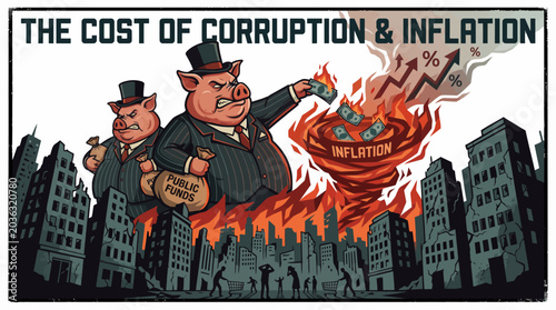 Fotografía Cartoon illustration of two pig-suited businessmen standing on a city skyline with flames and inflation rising behind them