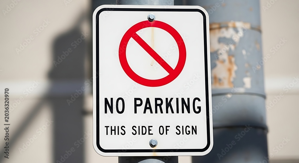 Naklejka premium White No Parking Sign Mounted on Metal Pole in Urban Street Setting