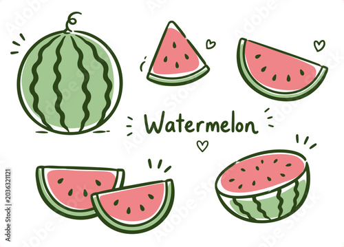 watermelon set. Collection of Fruit. naive doodle vector illustration