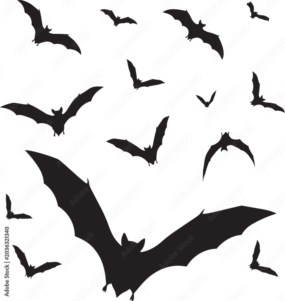 Obraz premium Flock of bats flying in swarm formation against white background minimalist line art, Generative AI