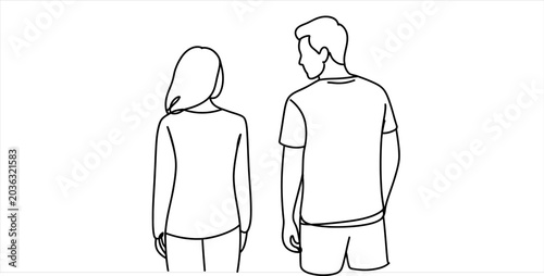 Schilderij op canvas Couple standing back view, simple line art