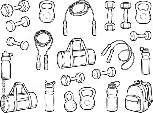 Foto Hand Drawn Vector Fitness and Gym Elements Set