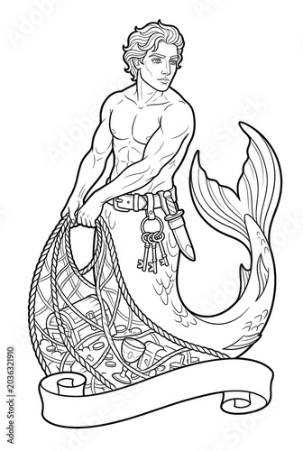 Merman Coloring Page Pulling Treasure Net with Chest, Keys and Blank Banner