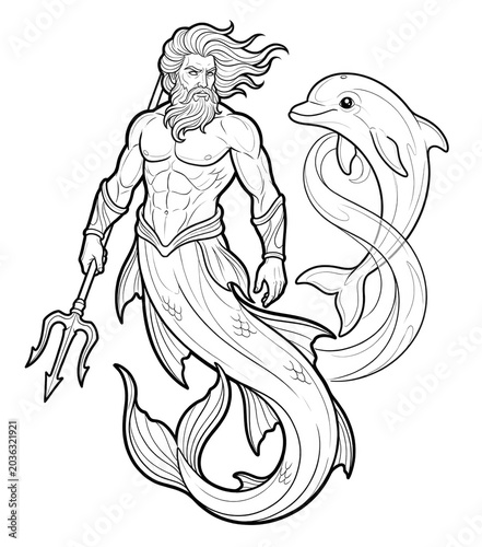 Merman Sea God Coloring Page with Trident and Dolphin, Fantasy Ocean Guardian Line Art