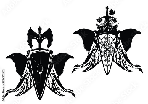 two raven birds profile heads and spread wing with fantasy heraldic shield, king crown, knight sword, axe and rose flower decor - medieval style fairy tale coat of arms vector design
