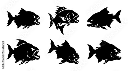 different black piranha silhouettes on a clean white background, minimalist vector style.