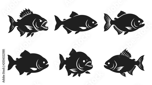 Obraz na płótnie different black piranha silhouettes on a clean white background, minimalist vector style