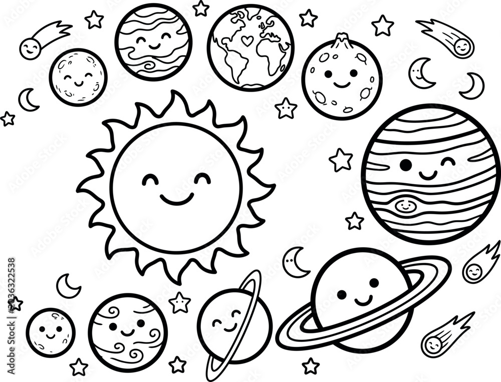 Fototapeta premium Cute smiling sun and planets solar system outer space doodle vector illustration for preschool astronomy coloring page
