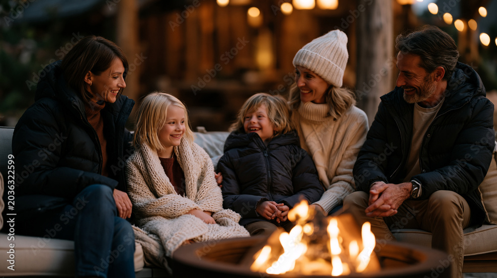 Fototapeta premium Three generations of a family unit gathered around an outdoor fire pit on a cool evening, candid unposed group dynamic capturing storytelling and laughter ideal for family lifestyle, outdoor recreat