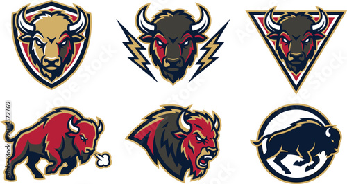 Aggressive Buffalo Mascot Logo Vector Set Featuring Fierce Bison Emblems, Sports Team Symbols, Powerful Animal Icons, and Esports Branding Designs