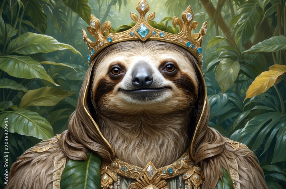 Obraz premium Sloth wearing a crown and royal attire in a jungle setting during daylight